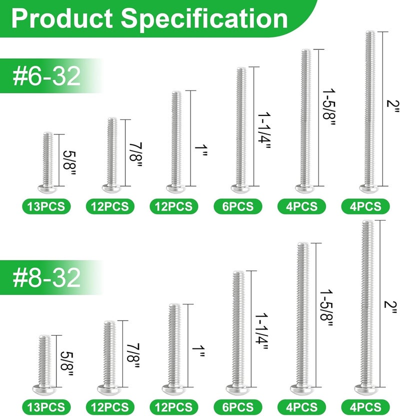 Twidec /Machine Screw Kit,304 Stainless Steel #6-32#8-32 Electrical Long Outlet Screws Phillips Pan Head Electricians Screws 102PCS 5/8 to 2 inch for Wall Plate Switch, Receptacles Mounting Screw - Image 2